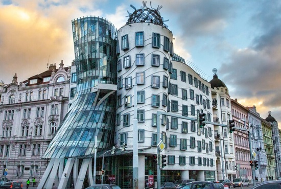 city corner with slanted building