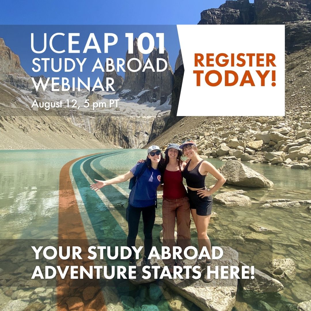 decorative image of students studying abroad in mountain scenery
